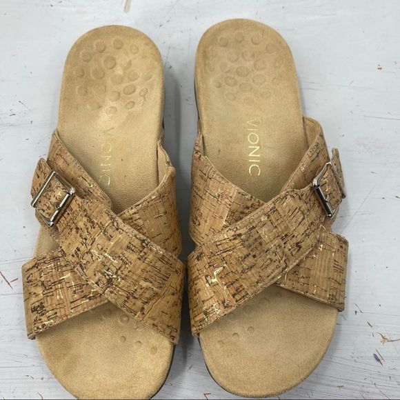 VIONIC Dorie Slide Sandals Gold Cork Buckle Women's 10 - Picture 3 of 12